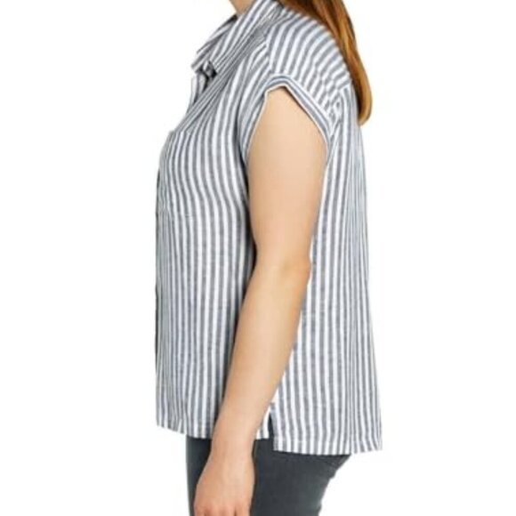 NWT - Orvis Ladies Short Sleeve Linen Blend Shirt Blue Stripe - Size XXL (18-20) - Picture 2 of 5